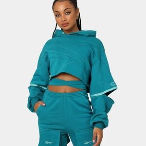 Cardi B Reebok Teal Cropped Hoodie Womens 2XL Shoulder Slouchy Blue